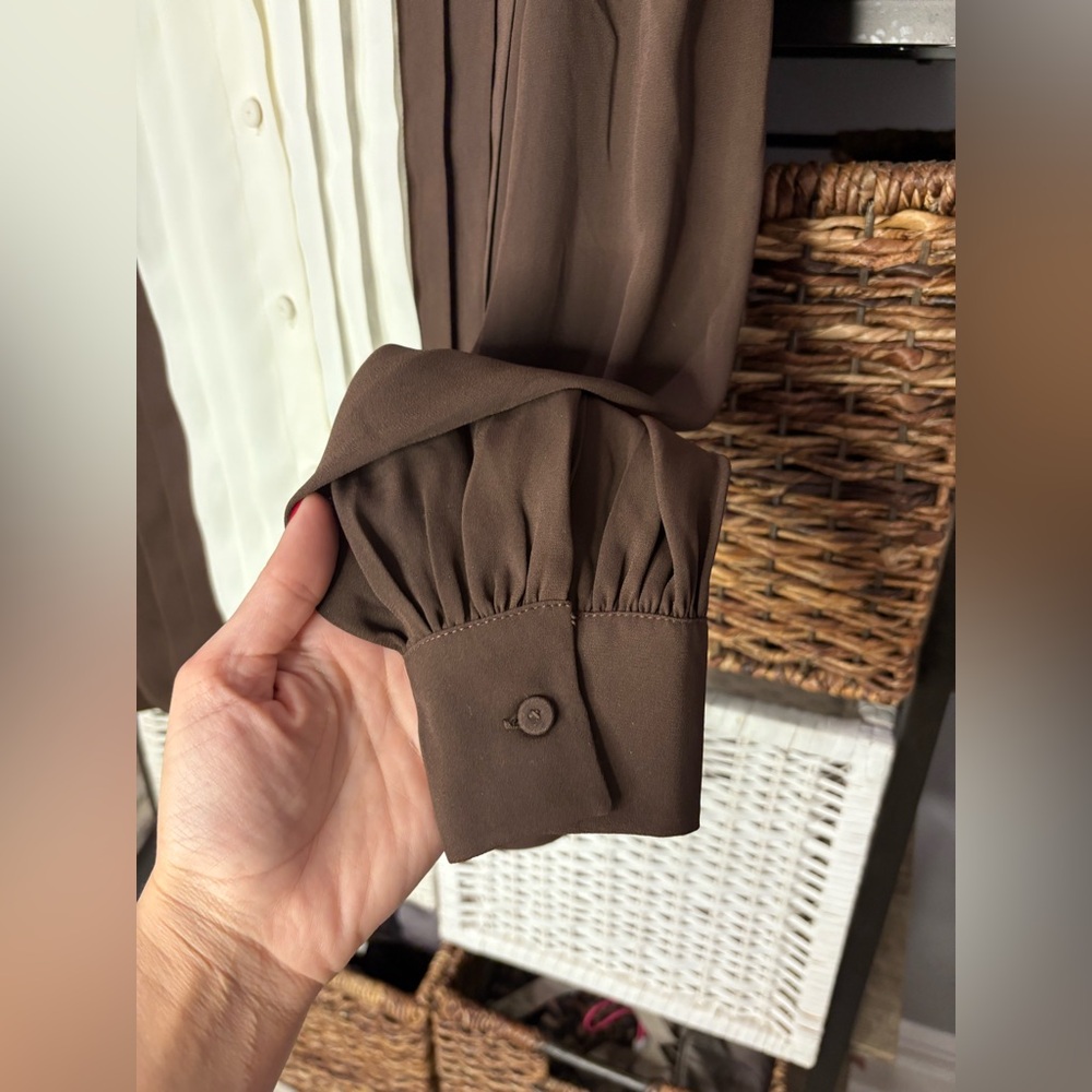 Tuckernuck X India Hicks Chocolate Brown and Cream Blouse xs 4 oversized - Picture 5 of 10